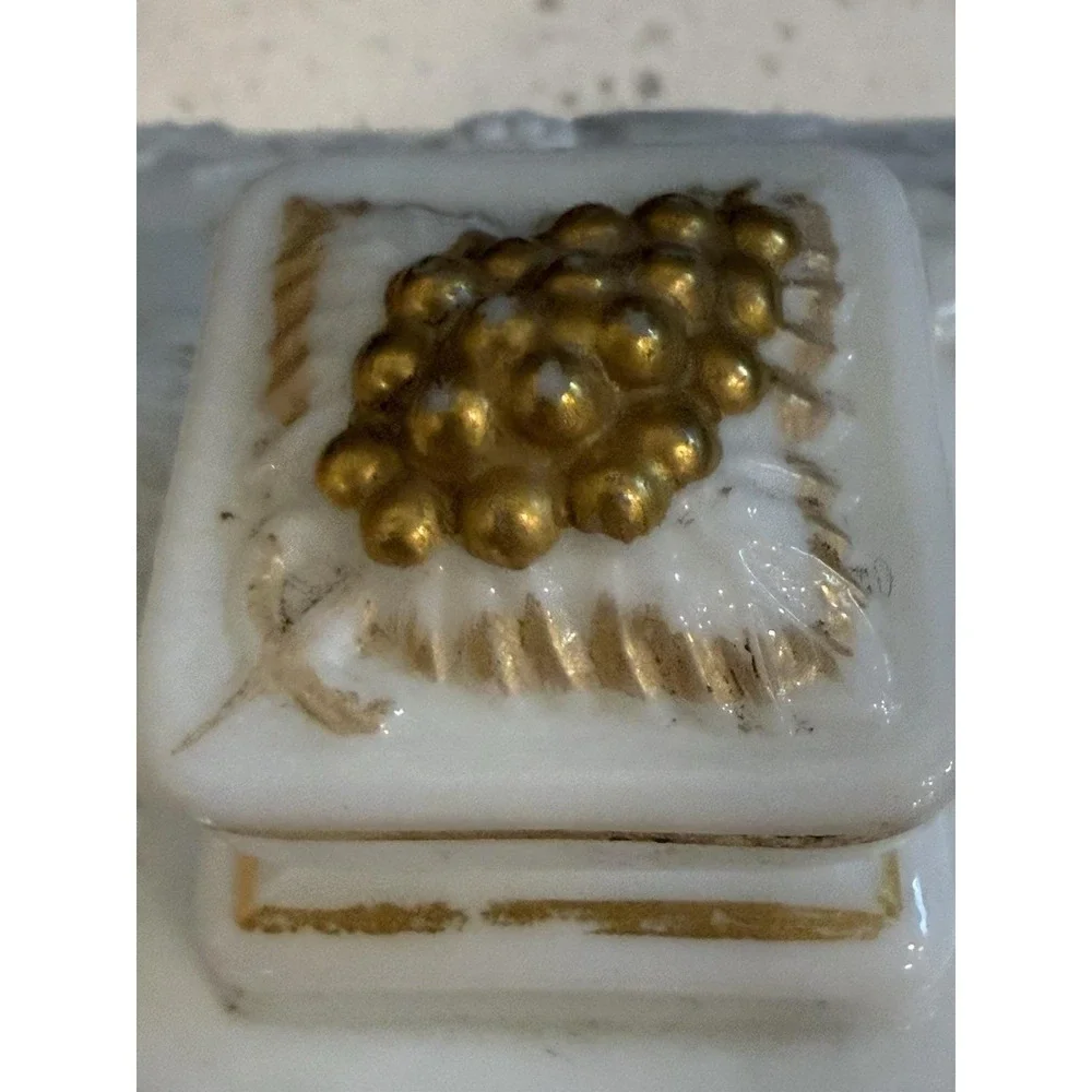 Westmoreland Paneled Beaded Edge Grape Gold Milk Glass Candy Dish Mid Century